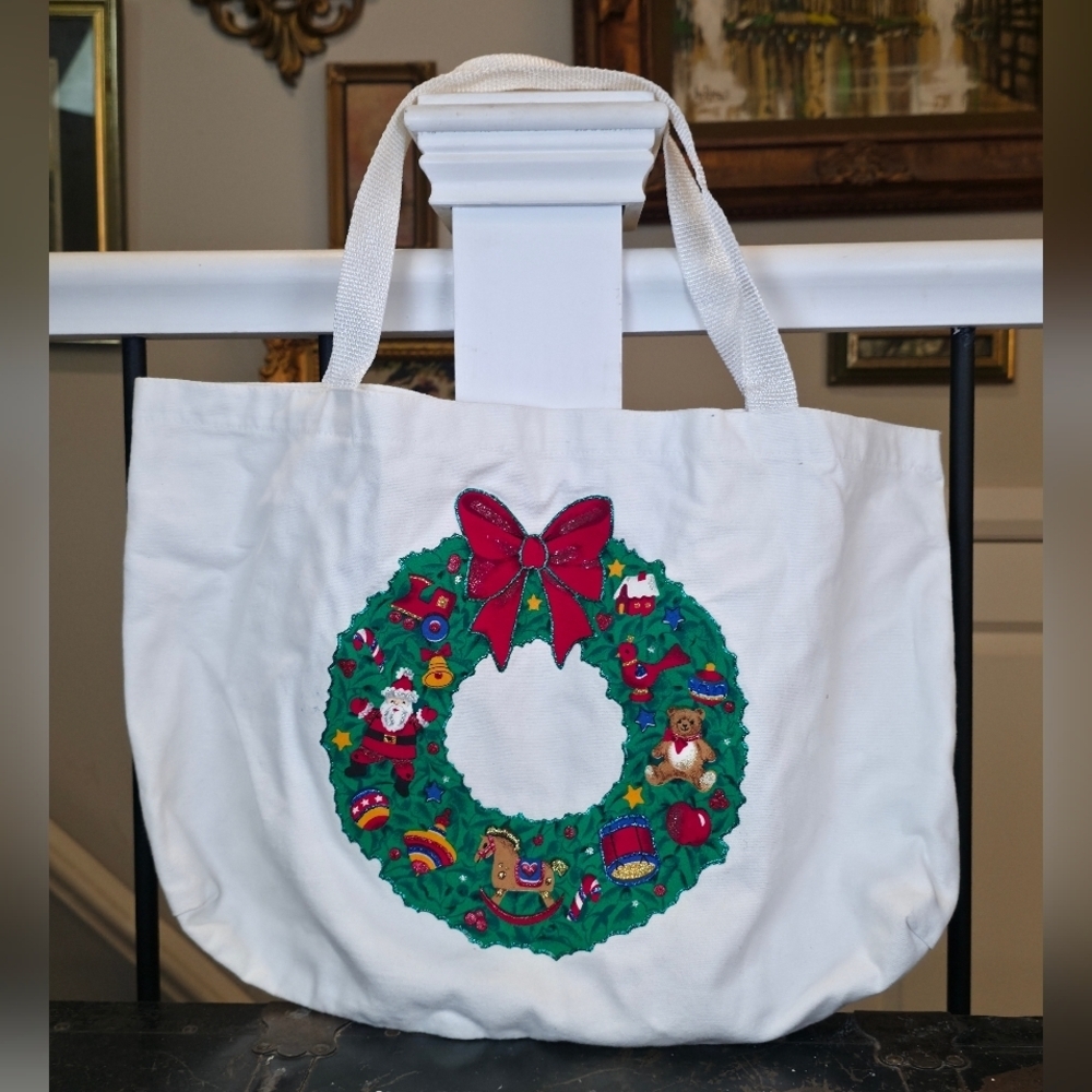 Vintage 90s Christmas Wreath Tote Bag 19" Canvas Holiday Shopping Applique